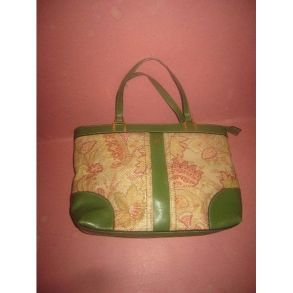 Etienne Aigner, vintage, pink floral design raffia and olive green leather, satchel style purse with gold!