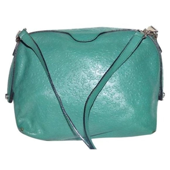 Vintage FURLA Teal Leather 2-Way Crossbody Bag with Embossed Floral Design