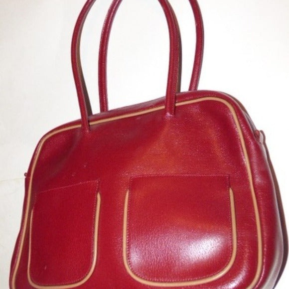 Vintage Furla deep red leather satchel style purse with tan piping, two handles, & two front pockets
