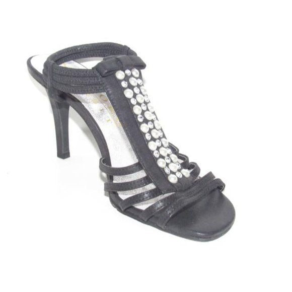 New York Transit Black Strappy Beaded Slingback Heels