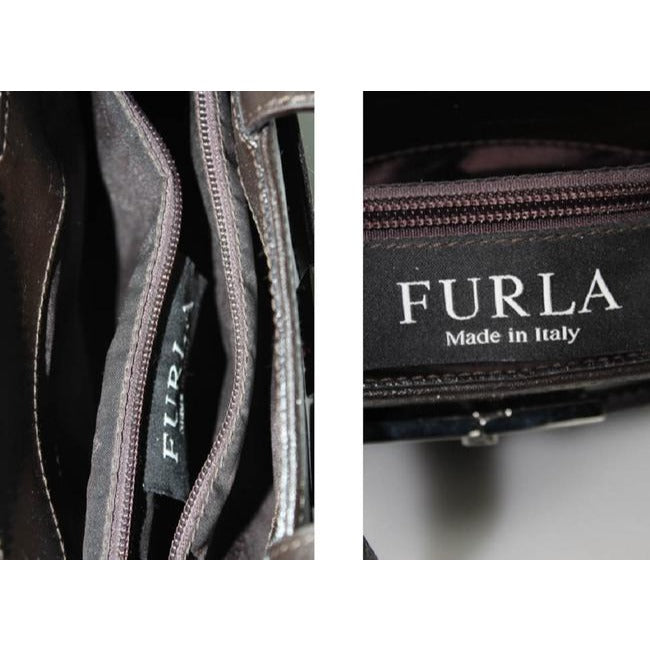 Furla, two handle, two-way style- cross body, shoulder or satchel style bag in a dark brown leather with chrome hardware