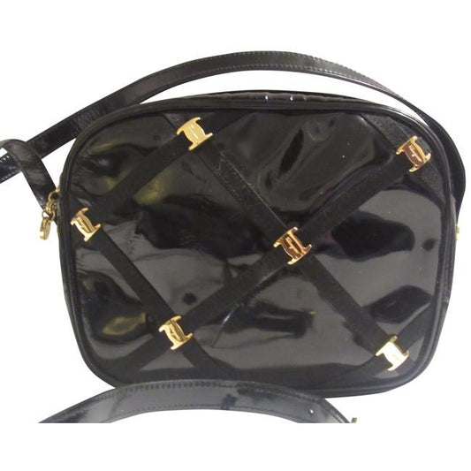Salvatore Ferragamo Vintage Pursesdesigner Purses Black Patent Leather With Windowpane Design Of Gro
