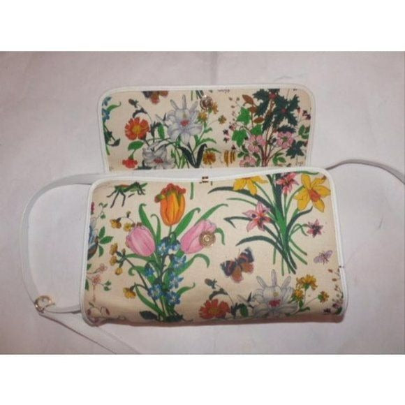GUCCI Vintage 2-way White Leather Floral Fabric