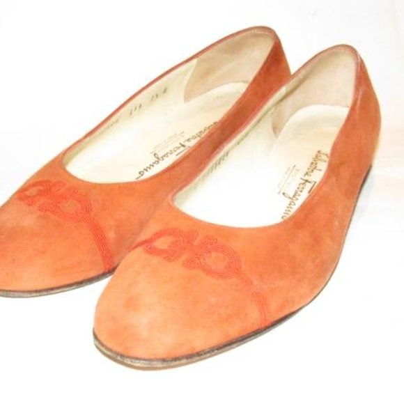 Salvatore Ferragamo Orange Suede Flats With Red Embroidered Gancini Accents At The Toe