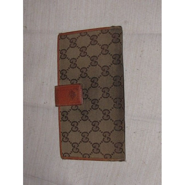 Gucci Brown Large G Logo Print Canvas And Orange Brown Leather Vintage Wallet