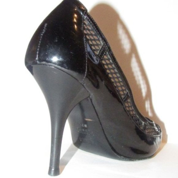 Fendi Glossy Black Leather Open Toe Pumps W Woven Mesh Trim Accents