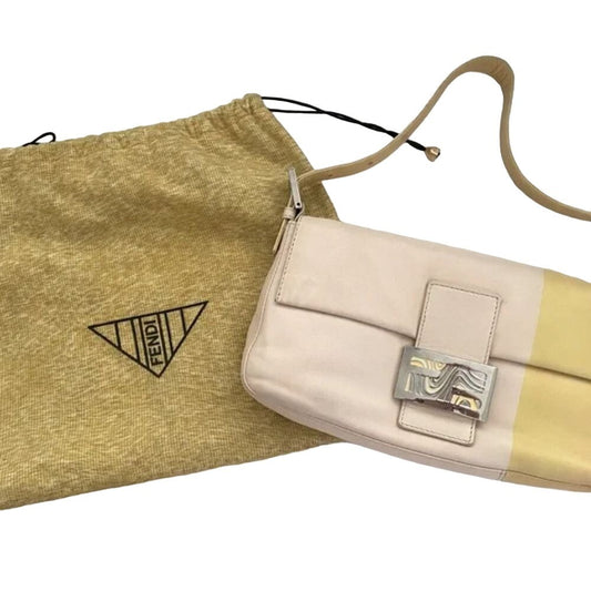 Fendi, limited edition, mod, pink and yellow color block leather, baguette with a pink and yellow enamel and chrome FF snap