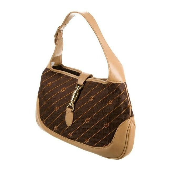 Gucci Diagonal Logo Print Canvas & Leather Jackie Hobo w Extender in Shades Of Brown