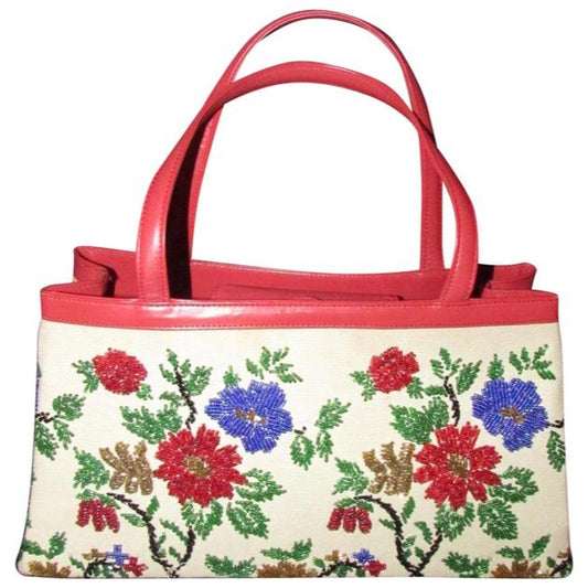 Nwot True Red Leather With A Hand Beaded Floral Design On Canvas Glass Beads Satchel
