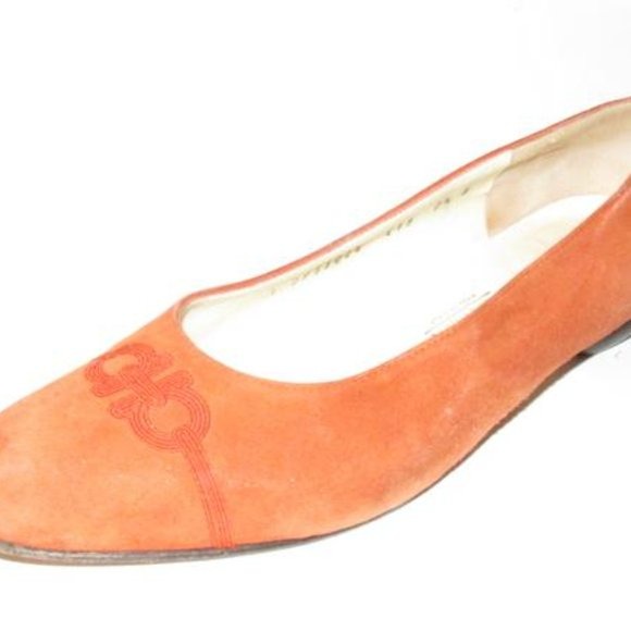 Salvatore Ferragamo Orange Suede Flats With Red Embroidered Gancini Accents At The Toe