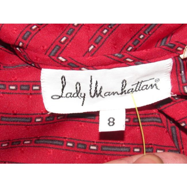 Red With Green White And Black Geometric Print Silky Polyester With A Tie Neck Vintage Secretary Top