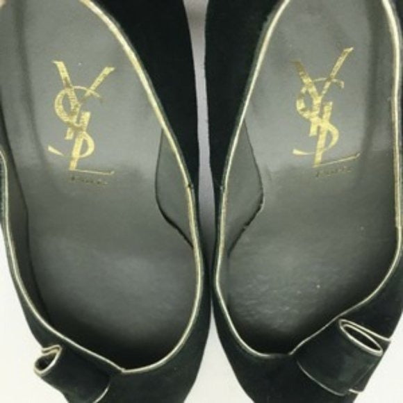1960's YSL size 35 EU black suede 3" kitten heels w silver trim