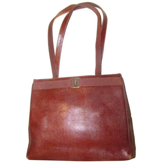 Salvatore Ferragamo Vintage Pursesdesigner Purses Chestnut Brown With Gold Vara Accent Lizard Emboss