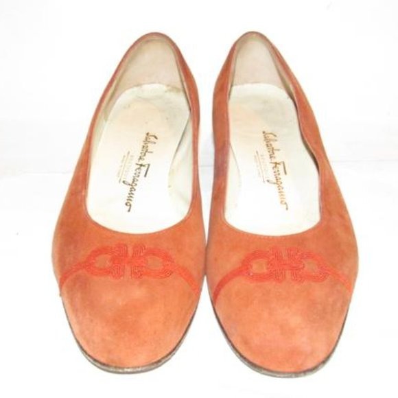 Salvatore Ferragamo Orange Suede Flats With Red Embroidered Gancini Accents At The Toe
