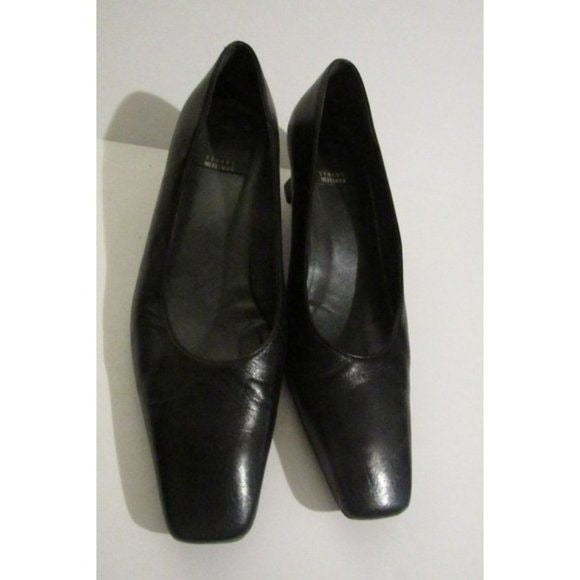 Stuart Weitzman Black Leather Square Toe Kitten Heels