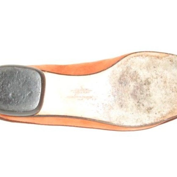 Salvatore Ferragamo Orange Suede Flats With Red Embroidered Gancini Accents At The Toe