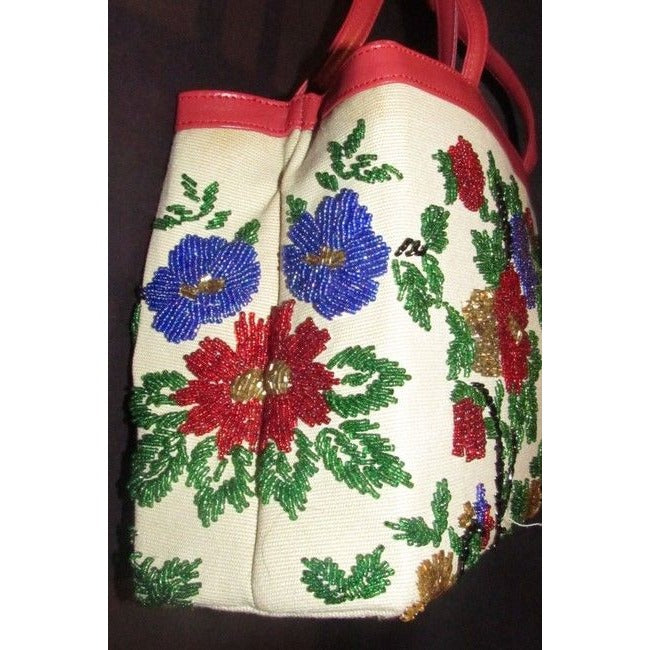 Nwot True Red Leather With A Hand Beaded Floral Design On Canvas Glass Beads Satchel