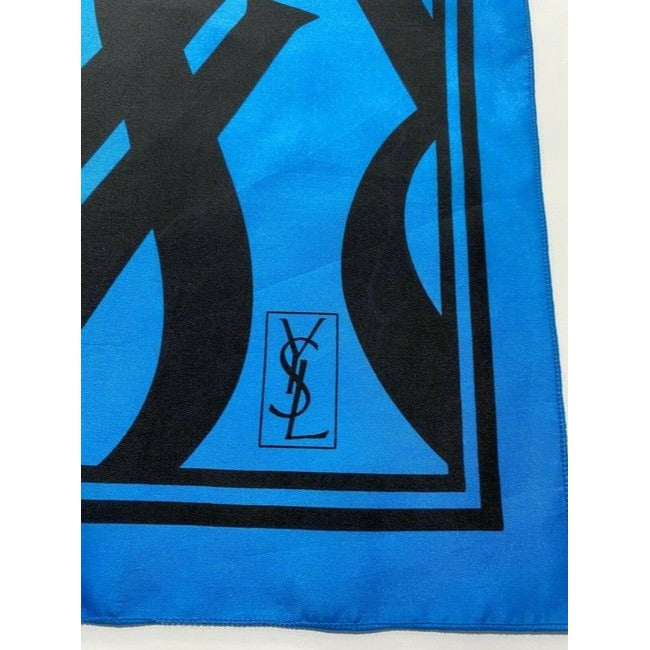 Saint Laurent Black Turquoise YSL Logo Print Silk Scarf