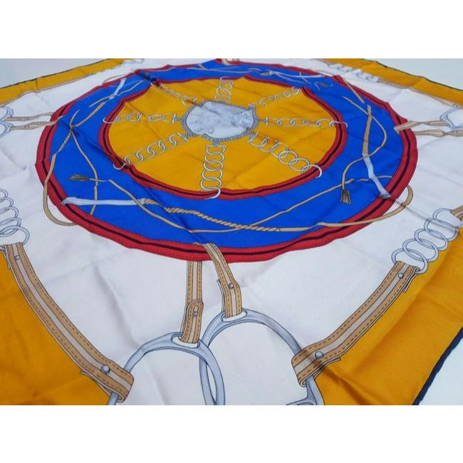 Celine Blue Red Grey Gold Equestrian Print Silk Scarf