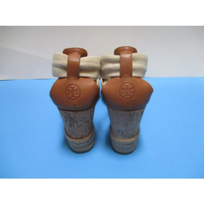 Tory Burch Blue Cream Oatmeal Canvas Slip On Wrap Around Sandals Size Us