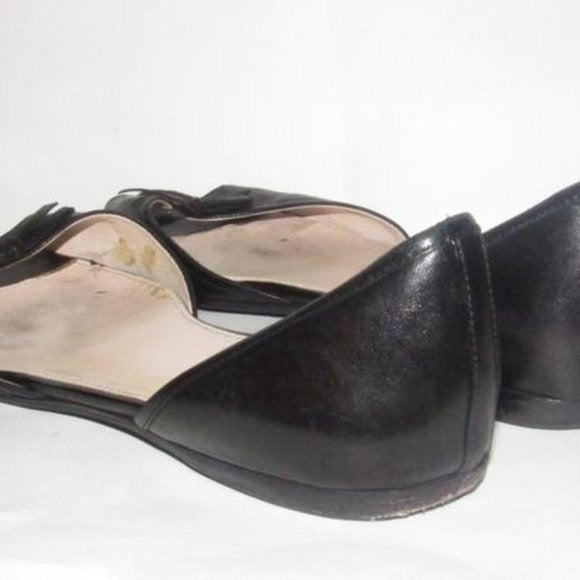 Prada Black Leather Open Toe D'orsay Style Flats with a Bow Accent
