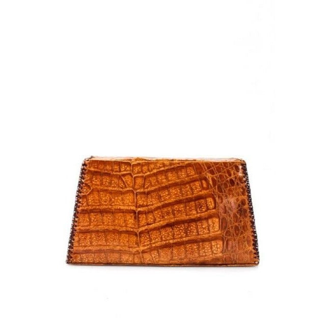 Vintage Glossy Brown Crocodile Leather With Brown Whip Stitched Leather Clutch