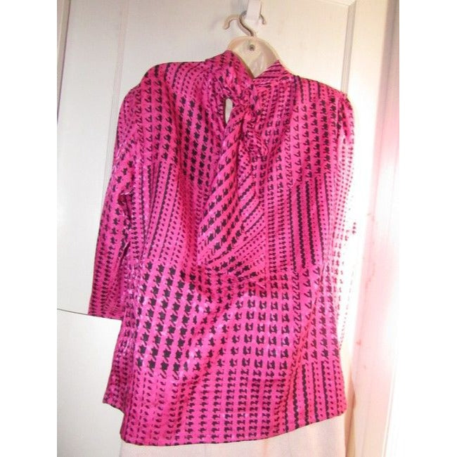 Pink And Black Hounds-Tooth Print Silky Polyester With Tie Neck Vintage Secretary Top