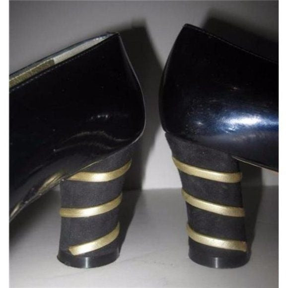 Escada RETRO Blue Patent Leather Pumps with Gold Bands