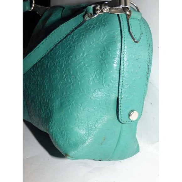 Vintage FURLA Teal Leather 2-Way Crossbody Bag with Embossed Floral Design