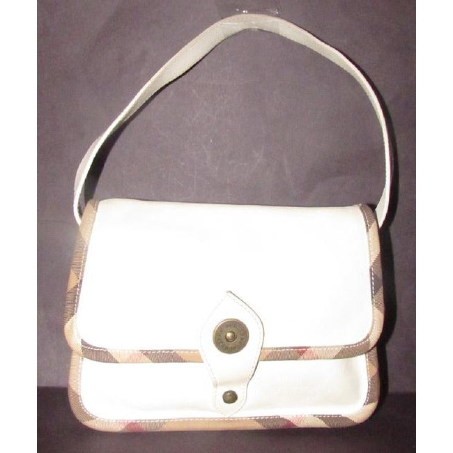 Burberry Purses White Leather With Nova Check Plaid Canvas Trim And Coated Shoulder Bag