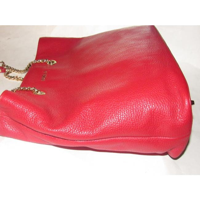 NWT, Furla, 'St. Alice', true red leather satchel with two gold chain & red leather straps, a footed bottom, and multiple compartments & pockets