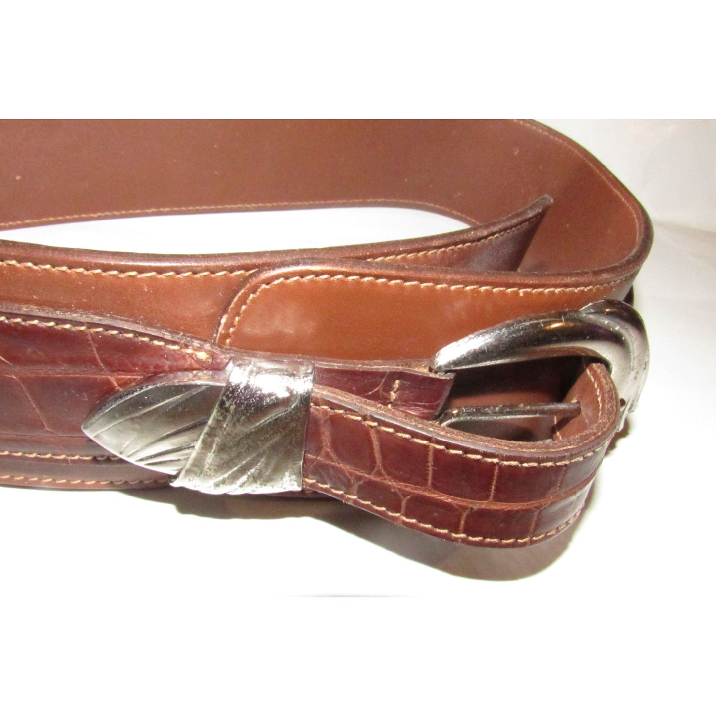 Vintage Gucci, wide, asymmetrical, brown crocodile & smooth leather belt with sterling silver hardware