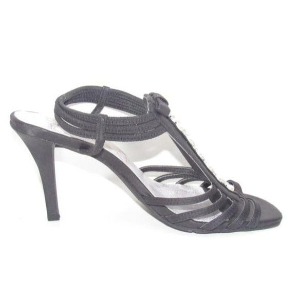 New York Transit Black Strappy Beaded Slingback Heels