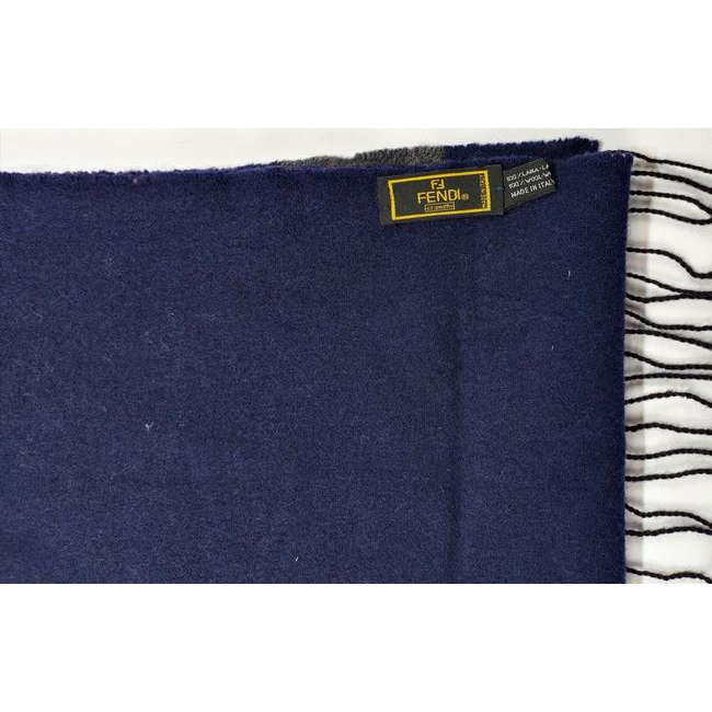Fendi Grey Logo Print On Blue Wool Scarf