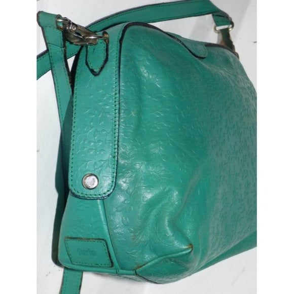 Vintage FURLA Teal Leather 2-Way Crossbody Bag with Embossed Floral Design