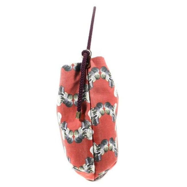 Missoni Red Canvas & Brown Leather Bag With Blue Grey & White Abstract Shell Print