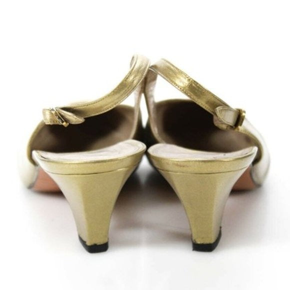 Salvatore Ferragamo Gold Leather Closed Toe, Sling-back Pumps