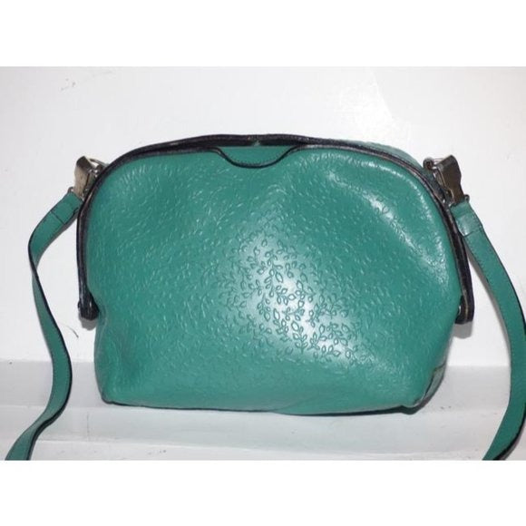 Vintage FURLA Teal Leather 2-Way Crossbody Bag with Embossed Floral Design