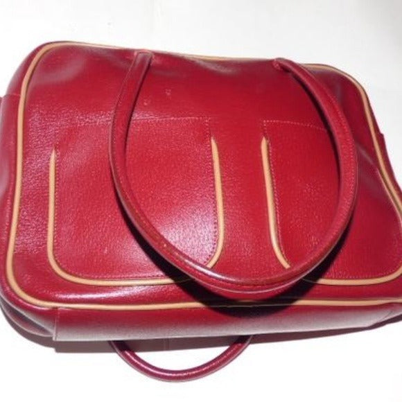 Vintage Furla deep red leather satchel style purse with tan piping, two handles, & two front pockets