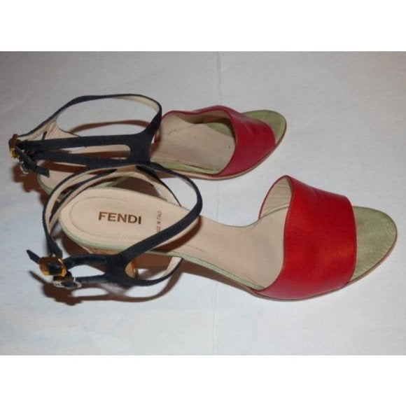 FENDI Red, Black, & Pale Green Leather Sandals with Cork Heels
