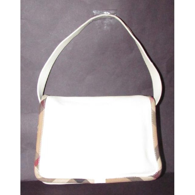 Burberry Purses White Leather With Nova Check Plaid Canvas Trim And Coated Shoulder Bag