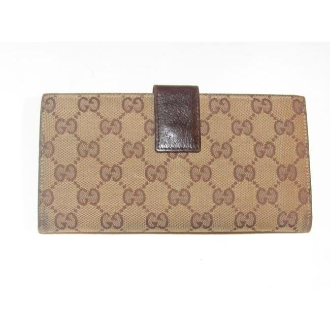 Gucci Brown Large G Logo Print Canvas And Brown Leather Vintage Wallet