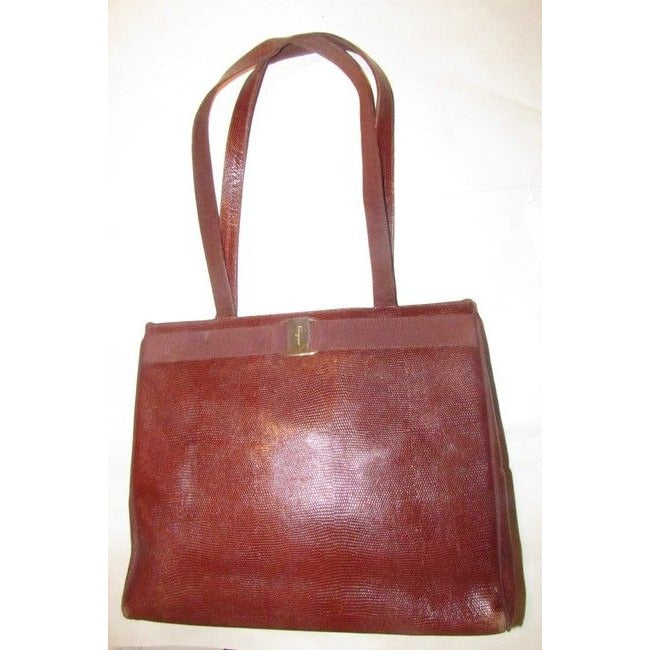 Salvatore Ferragamo Vintage Pursesdesigner Purses Chestnut Brown With Gold Vara Accent Lizard Emboss