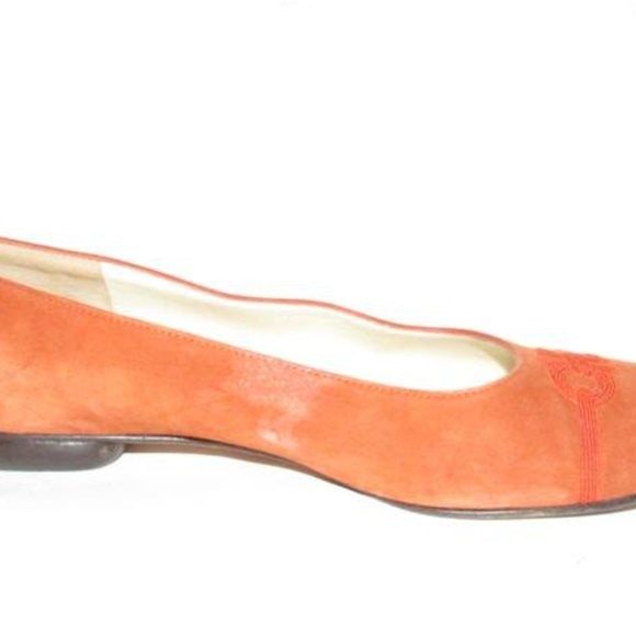 Salvatore Ferragamo Orange Suede Flats With Red Embroidered Gancini Accents At The Toe