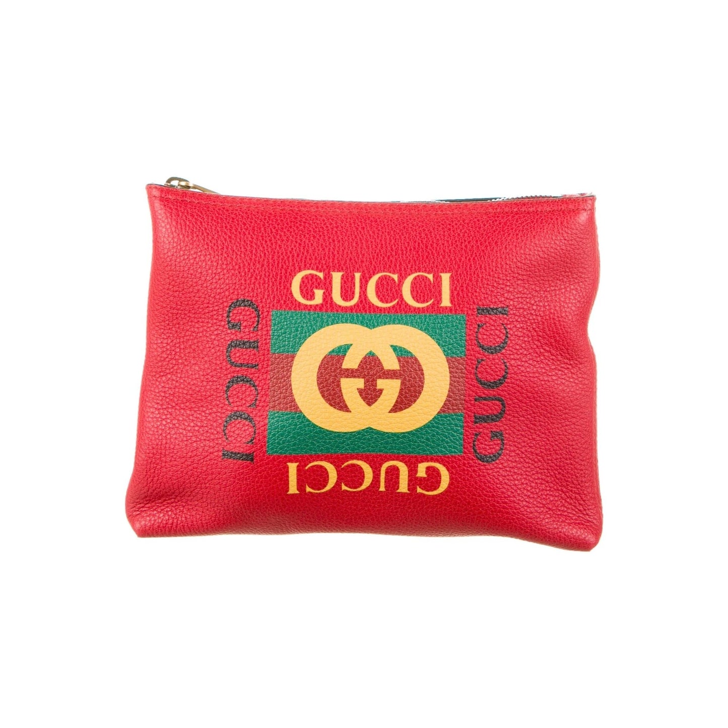 NIB Gucci red leather clutch with a black, green, and yellow logo design