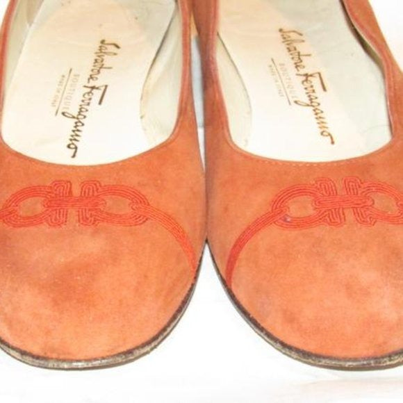 Salvatore Ferragamo Orange Suede Flats With Red Embroidered Gancini Accents At The Toe