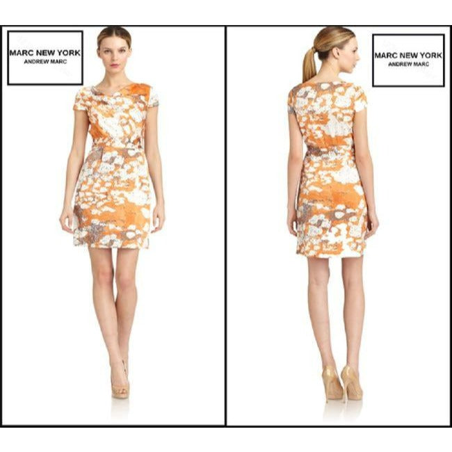 Andrew Marc Tangerine Taupe White Blue New York Multi Color Abstract Cowl Neck Sheath Short Dress