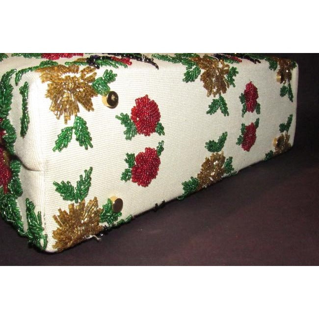 Nwot True Red Leather With A Hand Beaded Floral Design On Canvas Glass Beads Satchel