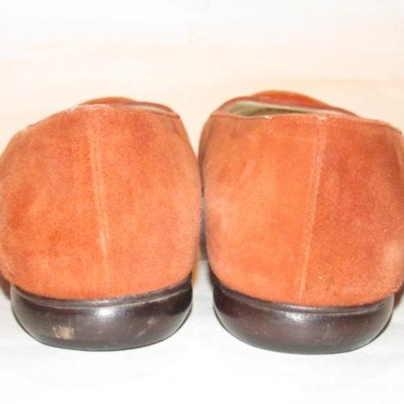 Salvatore Ferragamo Orange Suede Flats With Red Embroidered Gancini Accents At The Toe