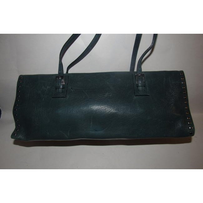 Bally Teal Blue Leather Satchel With Chrome Studded Accents